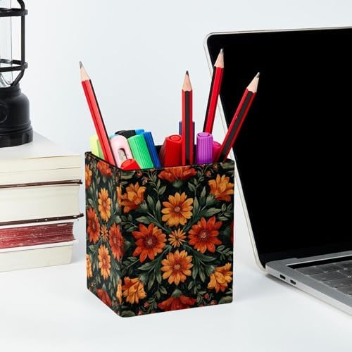Artistic Flower Pen Holder for Desk Decor, Rectangular PVC Leather Pencil Cup for Desk Pen Organizer, Makeup Brush Holder for School, Home, Office