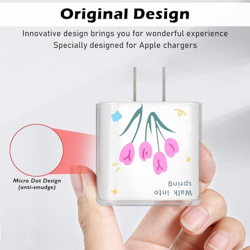 Cute DIY Cable Protector for iPhone Adapter Charger, Hot Pink Tulip Flowers Design, Soft TPU Clear Cord Wire Saver Data Line Cable Case Charger Protector for iPhone X 11 12 13 14 15 Pro Max