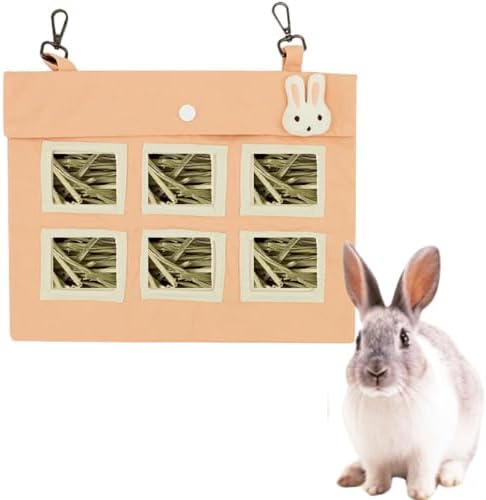 Rabbit Hay Feeder Bag with Cute Pendant, Storage Guinea Pig Feeder Rack Bag, Large Capacity Cotton Canvas Hanging Bag for Bunnies Chinchillas Guinea Pigs (Orange-Pink,L)