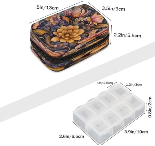 Pill Organizer Box Ethnic Style Retro Pattern 7-Day Weekly Medicine Pill Case Travel Pill Container Portable Pill Holder Storage Purse Bag Small Compact Size for Vitamin Supplement Birth Control