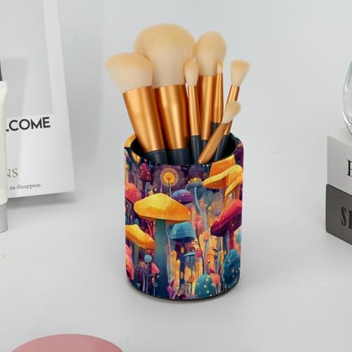 Faux Leather Pen Holder for Desk, Pencil Organizer Mushroom Pen Cup Desk Decor Makeup Brush Holder Storage for Office Home