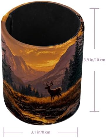 Faux Leather Pen Holder for Desk, Pencil Organizer Sunset and Deer Pen Cup Desk Decor Makeup Brush Holder Storage for Office Home