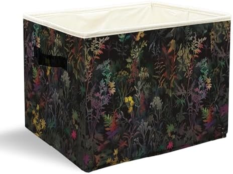Dark Botanical Floral Storage Bins with Handles, Cottagecore Colorful Wild Flower Leaf Collapsible Laundry Basket Storage Box for Home Bedroom Bathroom Clothes Toys Books