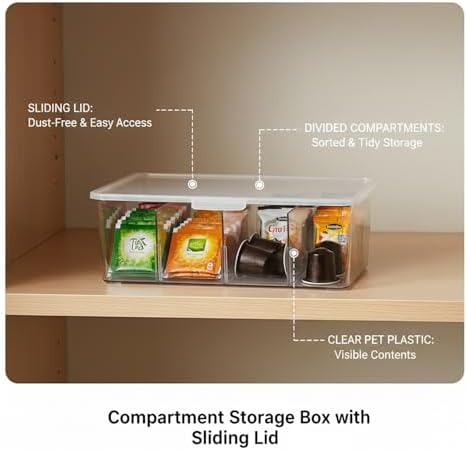 Clear PET Storage Box with Sliding Lid & Dividers, 4-Compartment Organizer for Small Items, Home Office Desk Drawer (1 Pack)