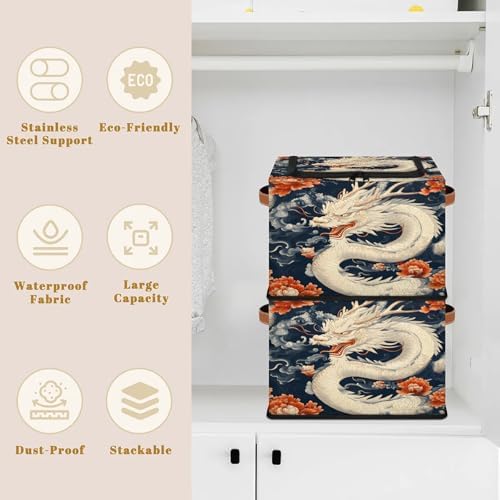 Japanese Dragon Storage Bins with Zipper Lid Foldable Fabric Organizer Box with Handles Rectangular Closet Clothes Organizer Containers