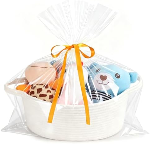 Small Woven Cotton Rope Basket for Gift with Bags and Ribbons, Durable Baskets for Christmas Halloween Gifts Empty, Storage Basket for Shelf with Handles, 12" X 8" X 5", White