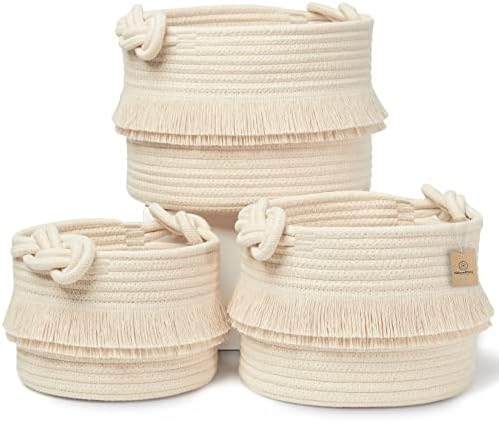 NaturalCozy 3-Piece Boho Decor Storage Basket Set – Cotton Rope Woven Baskets for Organizing! Small Basket for Baby Stuff, Baby Shower, Gift Basket, Nursery Basket, Planter, Toy Basket, Shelves