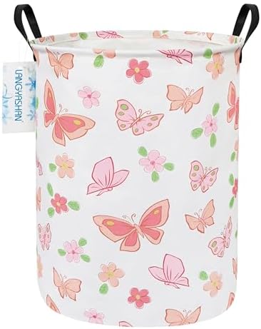 Round Laundry Basket Collapsible Storage Hamper Organizer Pink Butterfly | Waterproof Canvas Foldable Baskets with sturdy Handles Multi-scene Organizer for Home Play Bedroom Gift Bin