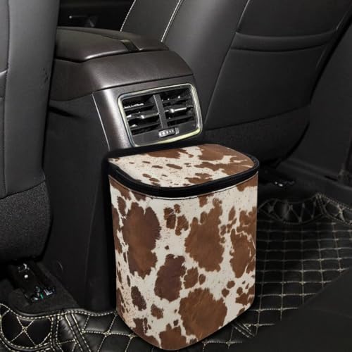 Brown Cow Print Car Garbage Can with Adjustable Straps Car Hanging Trash Can with Lid Multipurpose Portable Trash Bag for Cars SUVs, Trucks