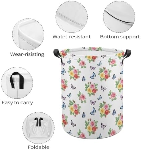 Large Laundry Basket with Handles Flower Shabby Chic Roses Buds Leaves Tulips Floral Butterfly, Collapsible Waterproof Hamper for Clothes, Toys, and Towel Organization at Home