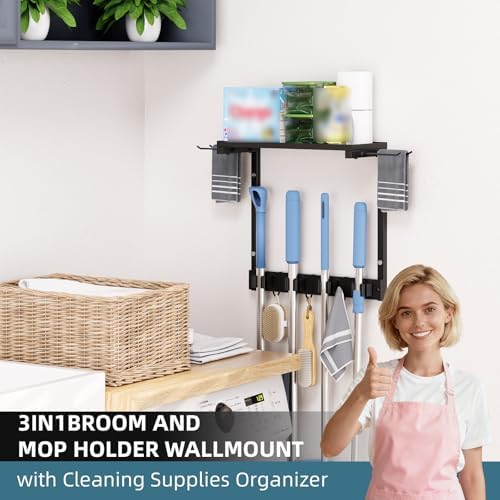 Wall Mount Broom Mop Holder | Cleaning Organizer, Storage Shelf