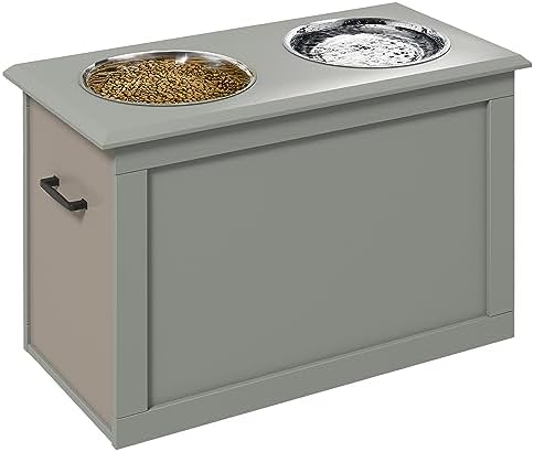 Elevated Dog Feeder with Storage 2 Stainless Steel Bowls Stand for Large Dogs Raised Feeding Station for Joint & Spine Health MDF Frame in Neutral Gray Pet Food Organizer
