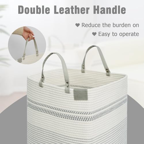 danpinera 100L Nursery Hamper, Tall Woven Laundry Basket with Long Leather Handles, Boho Laundry Hamper for Living Room & Bedroom, Eco-friendly & Convenient Decorative Storage Basket White & Gray