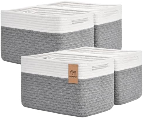 Storage Baskets for Organizing, 4 Pack Baskets for Shelves, Decorative Storage Bins for Shelves, Cotton Rope Storage Basket with Handles, Woven Basket for Storage, 13''Lx8.7''Wx7.9''H, White & Gray