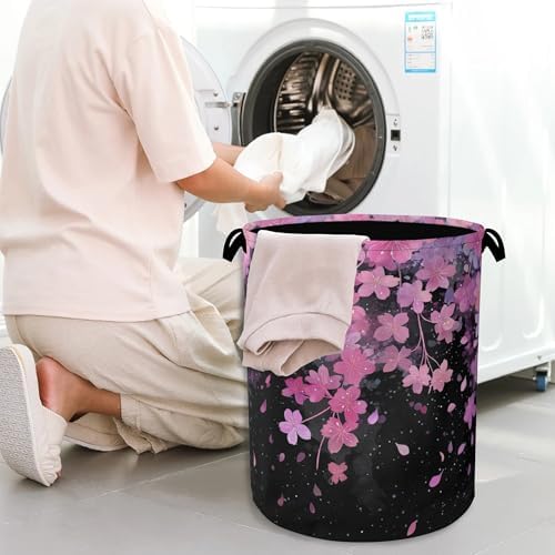 Cherry Blossoms Laundry Basket,Foldable with Handles Tote Bag Oxford Cloth for Bathroom Bedroom Dirty Clothes Storage Bucket 16" x 20.8"