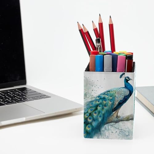Peacock Pen Holder for Desk Decor, Rectangular PVC Leather Pencil Cup for Desk Pen Organizer, Makeup Brush Holder for School, Home, Office