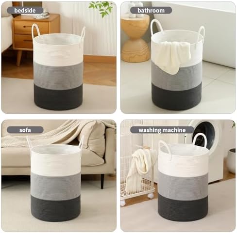 Laundry Basket Hamper Tall Rope Storage Woven for Blanket toys Dirty Clothes in Living Room Bathroom Bedroom (Gradient Grey, 100L/26.4Gal)