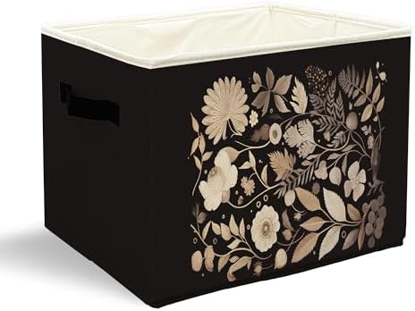 Vintage Dark Botanical Floral Storage Bins with Handles, Modern Boho Nature Flower Leaf Collapsible Laundry Basket Storage Box for Home Bedroom Bathroom Clothes Toys Books