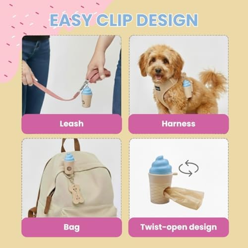 Ice Cream Dog Bag Dispenser | One Clip Doggie Poop Bag Holder | Bags Waste Container for Leash for Small Medium Large All Size Dogs | Cute and Fun Design | 15 Bags Included | Blue Color