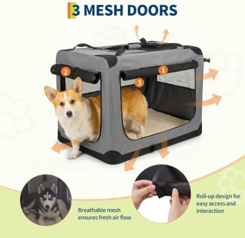 Collapsible Soft Dog Crate for Travel & Home - 3-Door Portable Kennel with Washable 600D Cover, Fleece Bed, Side Pocket, Safety Zippers - Medium Size