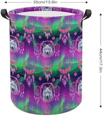 Portable Collapsible Hamper Flower Dream Catcher Boho Wolf, Waterproof Laundry Basket with Handles for Bedroom, Bathroom, and Toy Storage
