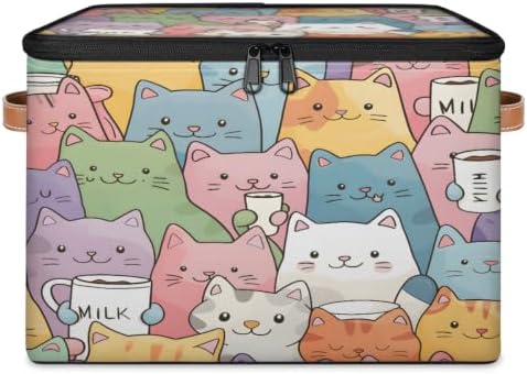 Cute Cartoon Cats Storage Box with Zipper Lid | Collapsible, Fabric, Storage Bin, Handle, Large, Closet Organizer, Containers, Bedroom, Home, Cat