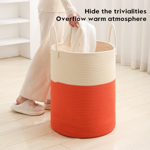 Woven Laundry Hamper Tall Rope Storage Basket for Blanket oys Dirty Clothes in Living Room Bathroom Bedroom (White&Orange, 100L/26.4Gal)