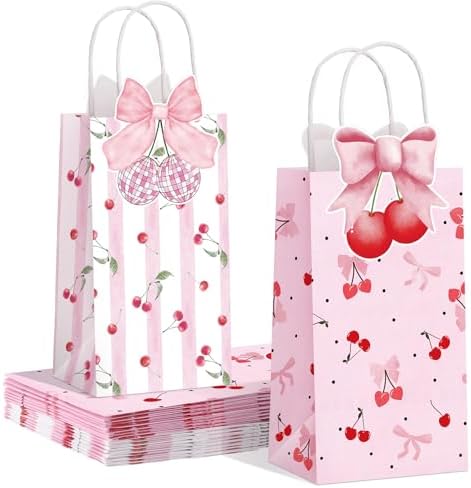 16 Pcs Pink Cherry Bow Party Favor Bags Kraft Paper Goodie Bags with Handle 3D Bow Double-sided Printing Treat Bag for Birthday Baby Shower Wedding Bridal Shower Summer Fruit Themed Party