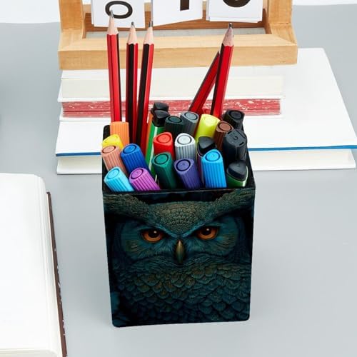 Owl Pen Holder for Desk Decor, Rectangular PVC Leather Pencil Cup for Desk Pen Organizer, Makeup Brush Holder for School, Home, Office