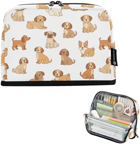 Emelivor Pets Dogs White Pattern Large Capacity Pencil Case Stand Up Pencil Pouch for School Office Supplies Pen Organizer Bag with Pockets Portable Makeup Pouch for Adults Boys Girls Teens