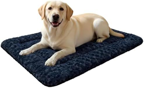 Washable Dog Bed Mat With Anti-Slip Bottom, Deluxe Plush Memory Foam Crate Pad & Waterproof Outdoor Kennel Mat For Dogs & Cats-Durable Crates Beds, Large Medium Small Puppy Size 36" x 24",Blue