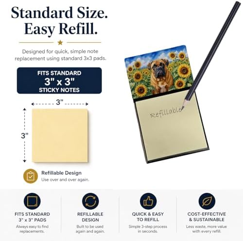 Caroline's Treasures Bullmastiff in Sunflowers Watercolor Sticky Note Holder Refillable Dispenser Desk Accessory 3x3 Pad Gift