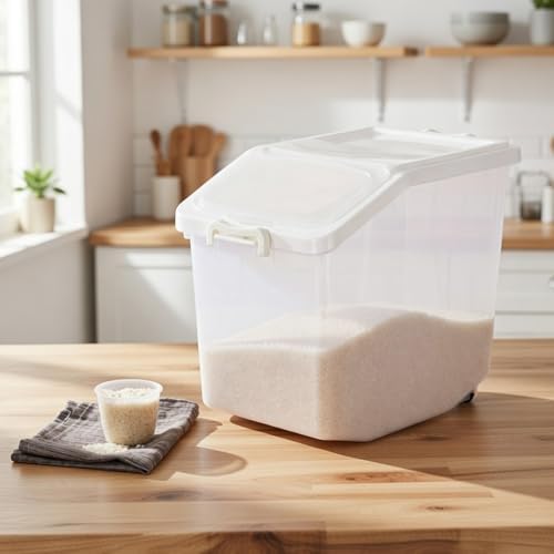 Sunnyray 4 Pcs Rice Storage Container 33.1 lb Airtight Flour Container with Wheels Measuring Cup White Pet Food Dog Cat Birds Food Bin Grain Cereal Organizer Box for Dry Baking Supplies