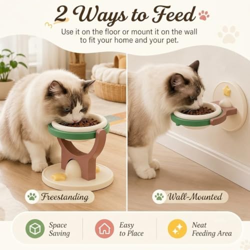 2-in-1 Wall Mounted & Elevated Cat Bowl, Floating Planet Bowl, Floating Wall-Mounted Pet Bowl, Foldable Pet Feeder Shelf, Adjustable Feeding Height, Removable Bowl for Dogs and Cats