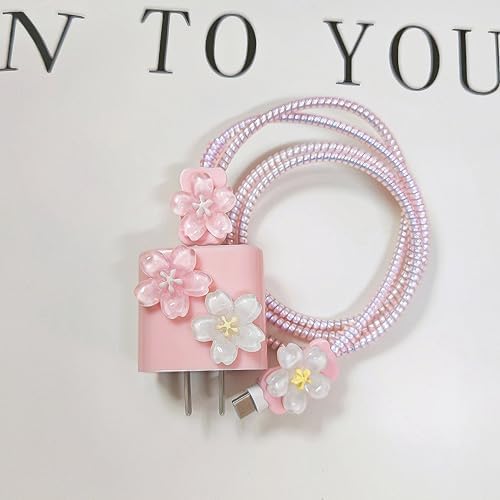 Flower Cable Protector for iPhone Charger Protector Cute 3D Cherry Blossoms Design,Floral iPad Charger Cover,Charger Cord Protector for Women Girl,DIY Phone Cord Protector for iPhone 15 16 17 Pro Max