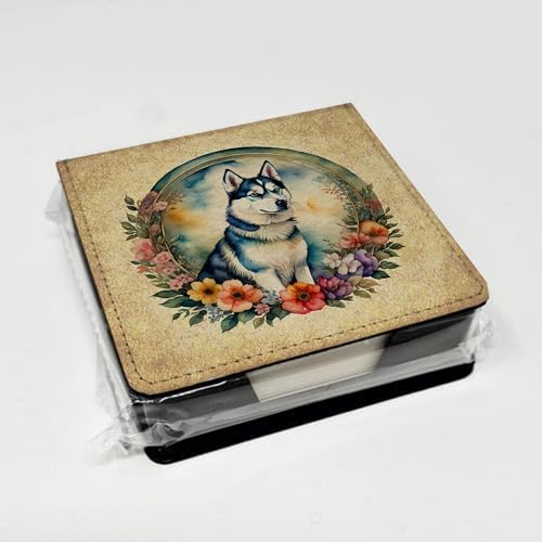Caroline's Treasures Siberian Husky and Flowers PU Leather Note Paper Holder with Artist-Designed Cover, Desk Accessory, Office Gift