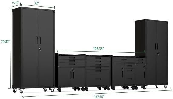 Garage Cabinet System | Heavy Duty Steel All-in-One Modular Garage Cabinet Set for Ultimate Workshop Organization | Easy Assembly Garage Storage Cabinets & Tool Bench