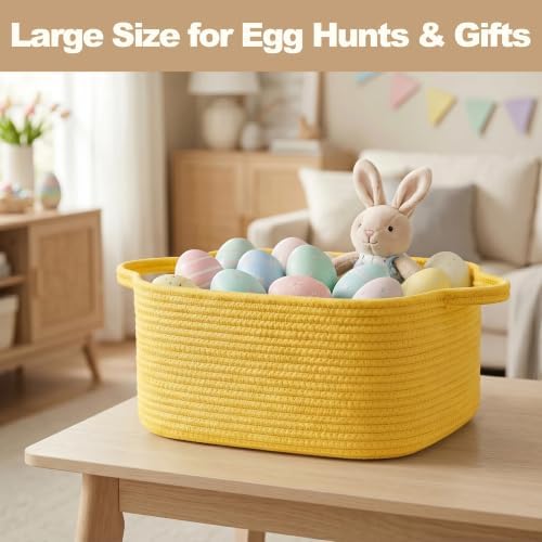 Large Yellow Gift Basket, 16.5"x12.5"x7" Woven Baskets for Gifts Empty, Cotton Rope Storage Bin for Baby Blankets, Clothes, Shoes, Dog Toy Box, Big Easter Basket, Yellow Room Nursery Decor