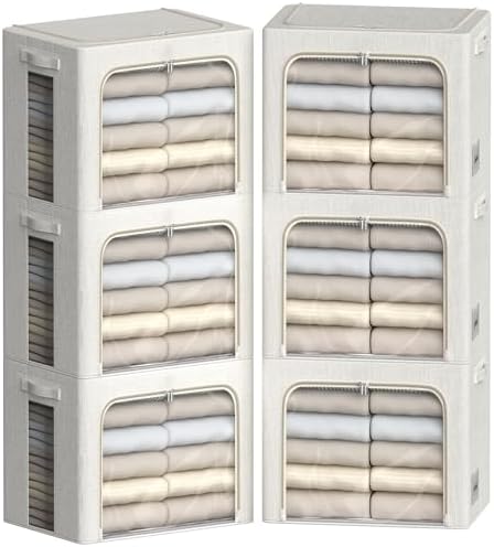 FHSQX 6 Pack Clothes Storage Bins,Ivory White, 16.5x12.2x12.2inch (40L)
