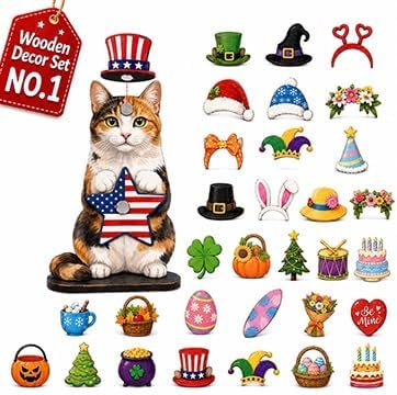 Interchangeable Seasonal Animal Wooden Decor Set | Magnetic Holiday Cat Dog Desk Sign Animals Figurines Tabletop Ornament to Dress up, Pet Magnetic Accessories with Hats(#C)