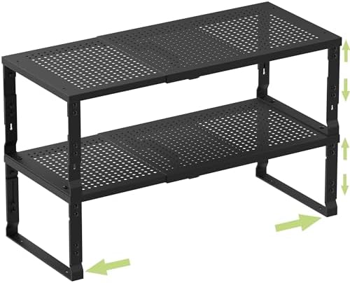 Heavy-Duty Adjustable Metal Shelf Organizer - Expandable & Stackable Pantry Storage Rack for Kitchen, Bathroom, RV, Cabinets(2 Packs/Black, Large)