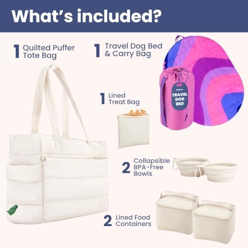 Rubyloo Dog Mom Bundle - Puffer Tote with Storage Containers (Beige) and Foldable Travel Bed (Pink Horizon) - Travel Bag and Cozy Mat Set