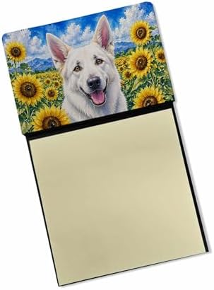 Caroline's Treasures White German Shepherd in Sunflowers Watercolor Sticky Note Holder Refillable Dispenser Desk Accessory 3x3 Pad Gift