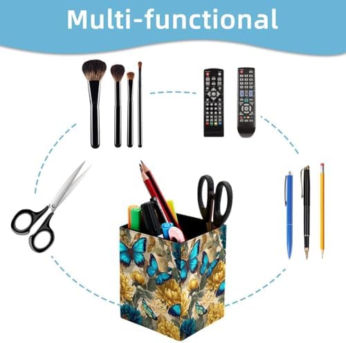 Butterflies and Flowers Pen Holder for Desk Decor, Rectangular PVC Leather Pencil Cup for Desk Pen Organizer, Makeup Brush Holder for School, Home, Office