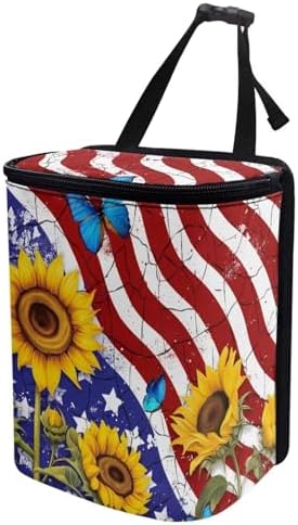4th of July Car Trash Can with Lid Hanging Car Trash Bag Leak-Proof Portable Cars Garbage Bin Sedan Accessories Interior Cars Organizer, USA Flag Sunflower Print