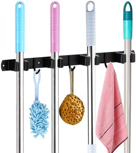 Huryfox Mop and Broom Holder Wall Mounted - Sturdy Stainless Steel Rack with Utility Hooks, 4 Racks, 3 Hooks Adjustable Design and Multiple Storage Organiser Options, Perfect for Kitchen, Laundry