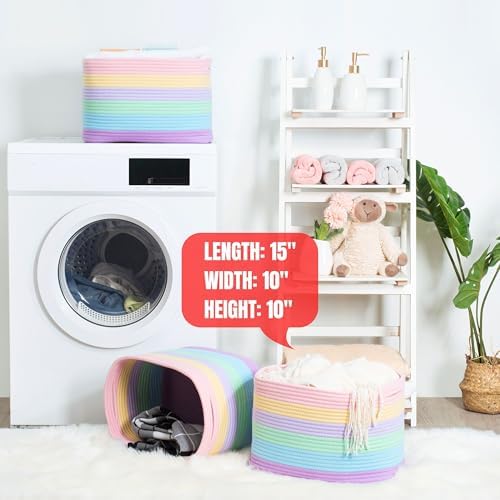 MINTWOOD Design 3-Pack Storage Baskets and Cube Bins for Shelves, Playroom and Classroom, Decorative Woven Closet Organizers for Books, Shoes, and Pantry Items, Pastel Rainbow
