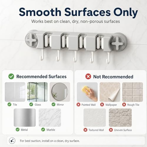 Mop and Broom Holder Wall Mount | No Drill Suction Cup, 4 Slots & 5 Hooks, Removable, For Bathroom, Laundry Room, RV Camper