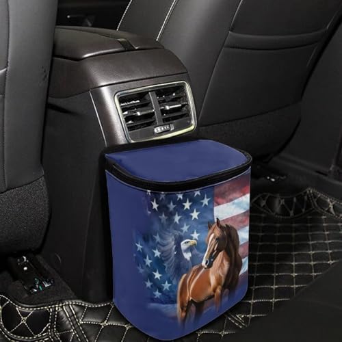 DISNIMO American Flag Eagle Horse Car Trash Can Car Accessories Organizer Garbage Bag Dustbin Container with Zipper Lid Waste Basket Storage Pockets Hanging Vehicle Trash Bin