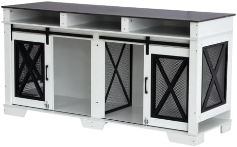 71 in Double Dog Crate Furniture - Heavy Duty Wood & Metal Dog Kennel for 2 Large Dogs, Removable Divider, Double Doors, Sliding Barn Door, 3 Storage Drawers - Size: 71 inches